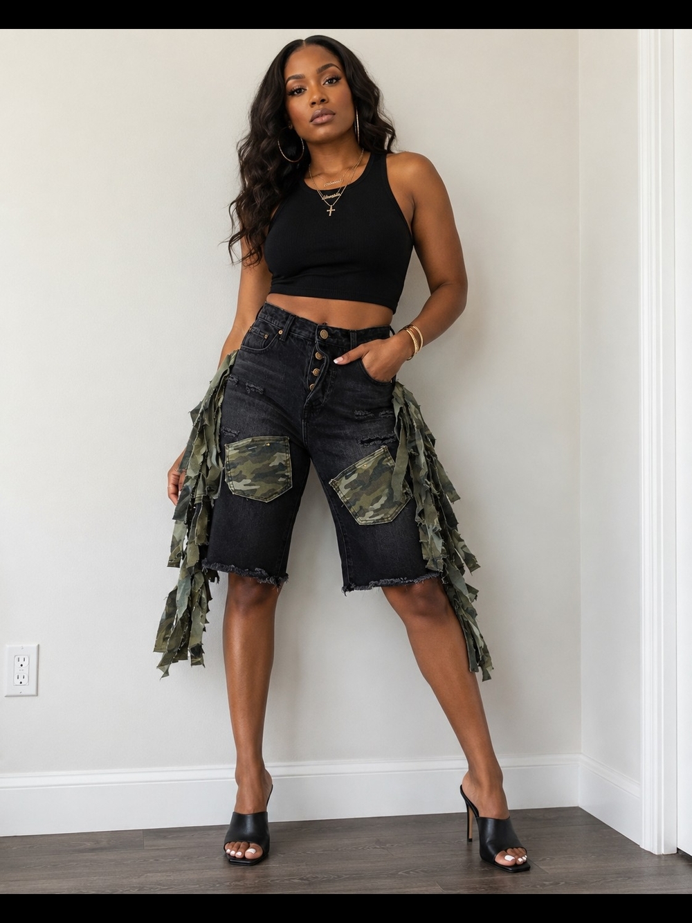 Black High-Waist Distressed Bermuda Shorts with Camo Patches